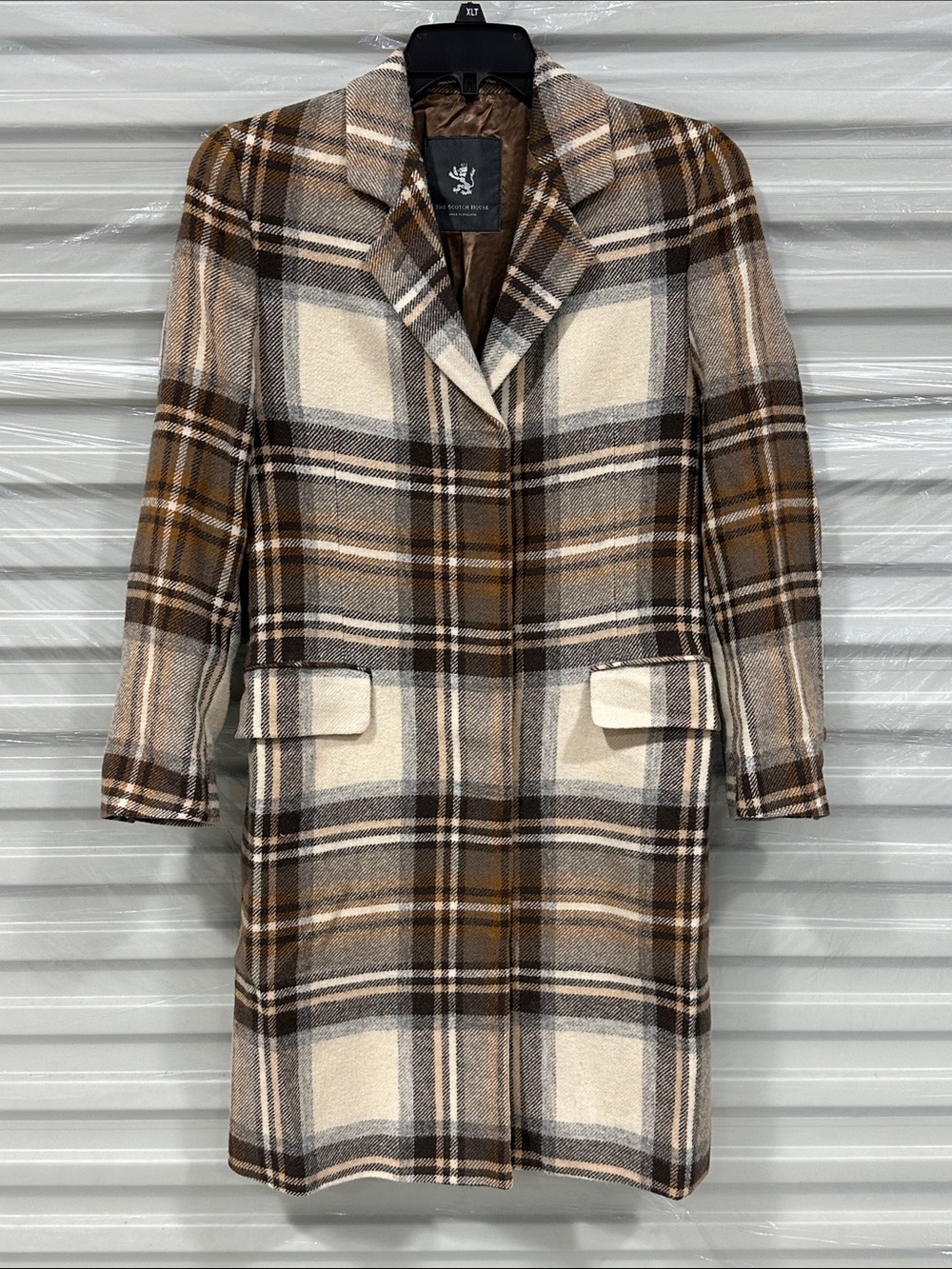 The Scotch House Plaid Long Pea Coat in Brown & Cream - Wool